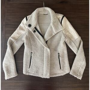 AMS Pure Wool Blend Biker Jacket Cream Knit Zipper Faux Leather US6 UK10